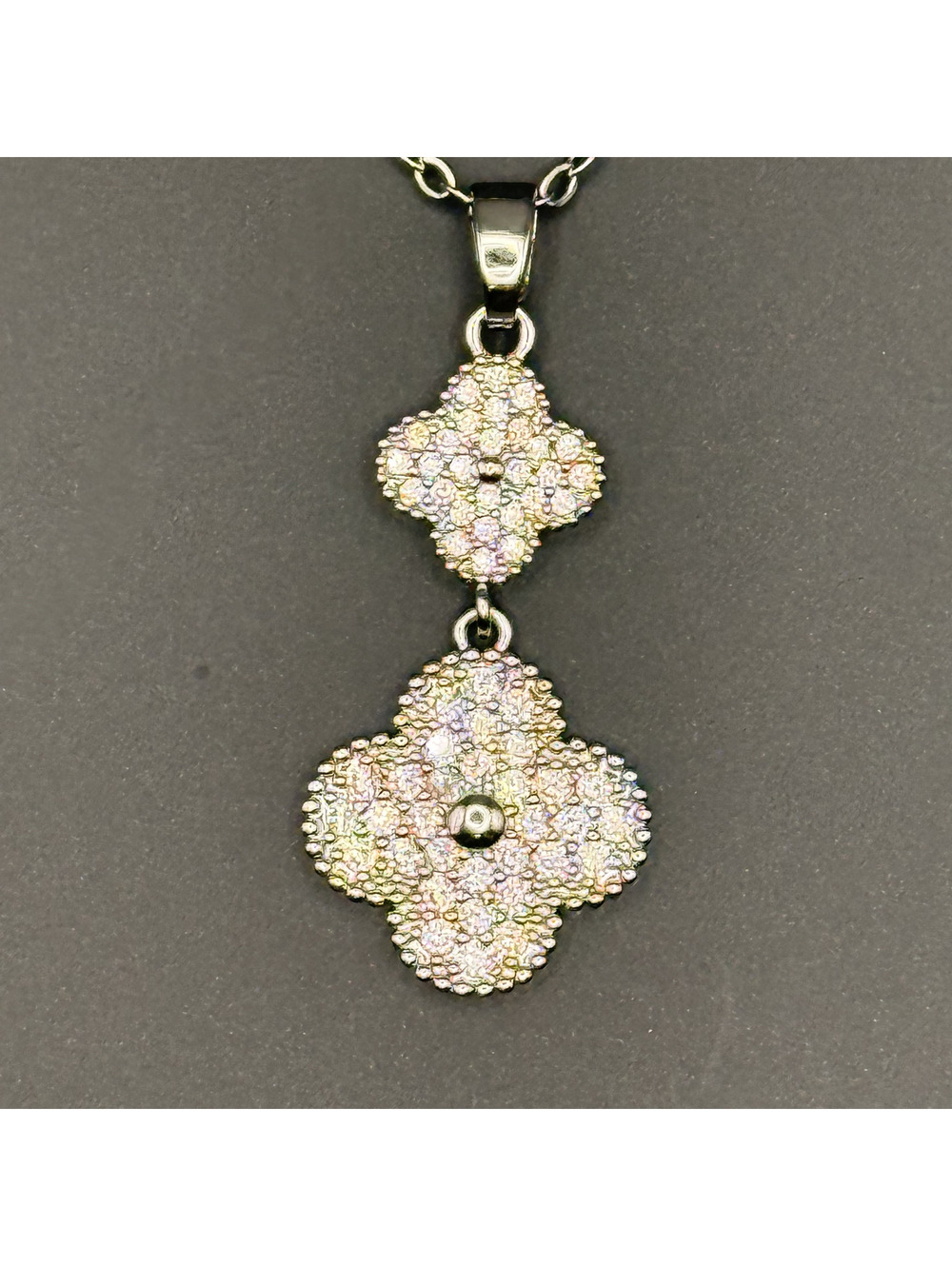 candy+clover double clover pave silver pendant with free chain